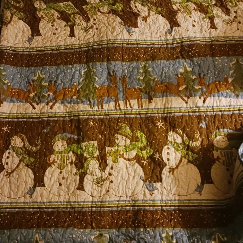 Debbie Mumm Fabric Designer Snowman and Evergreen Trees large quilt 86x82